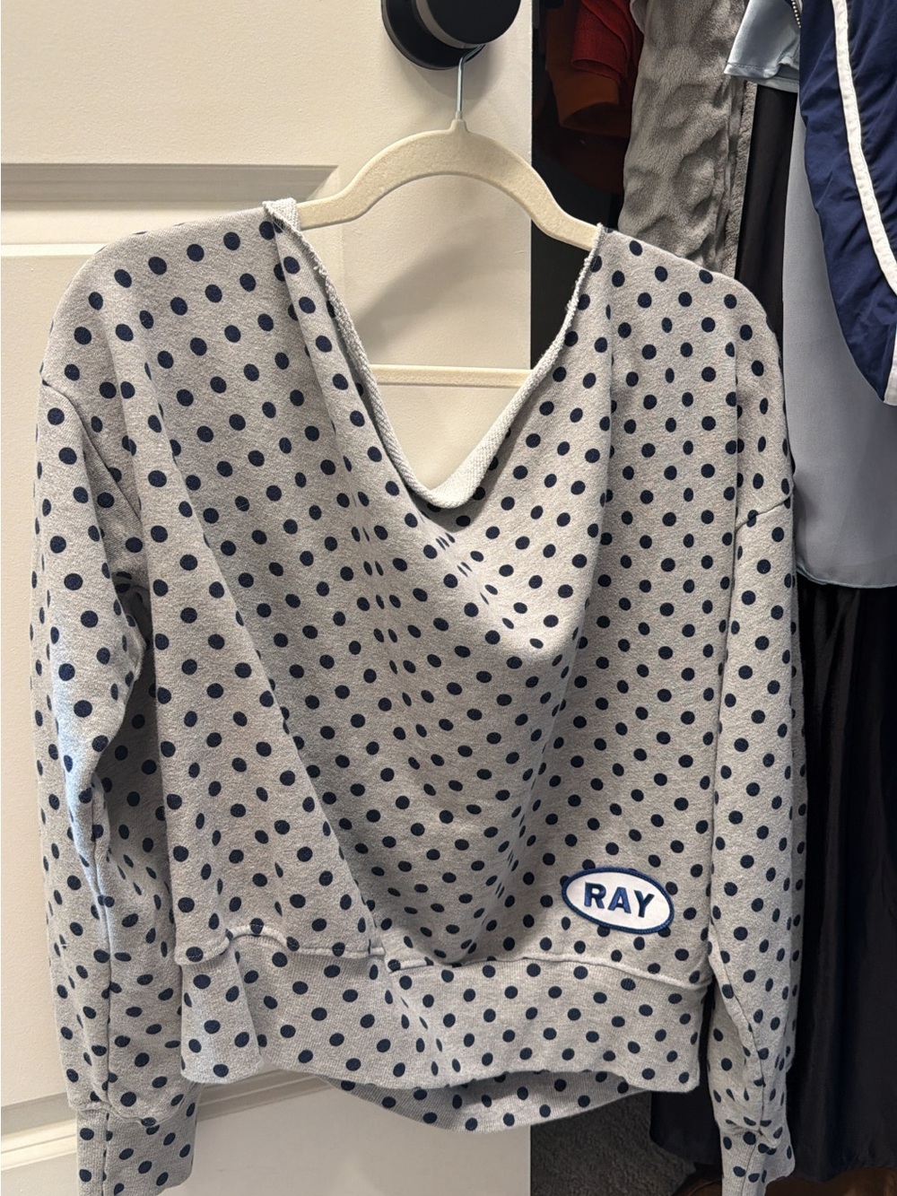 Gray Polka Dot V-Neck Sweatshirt with Navy Dots by